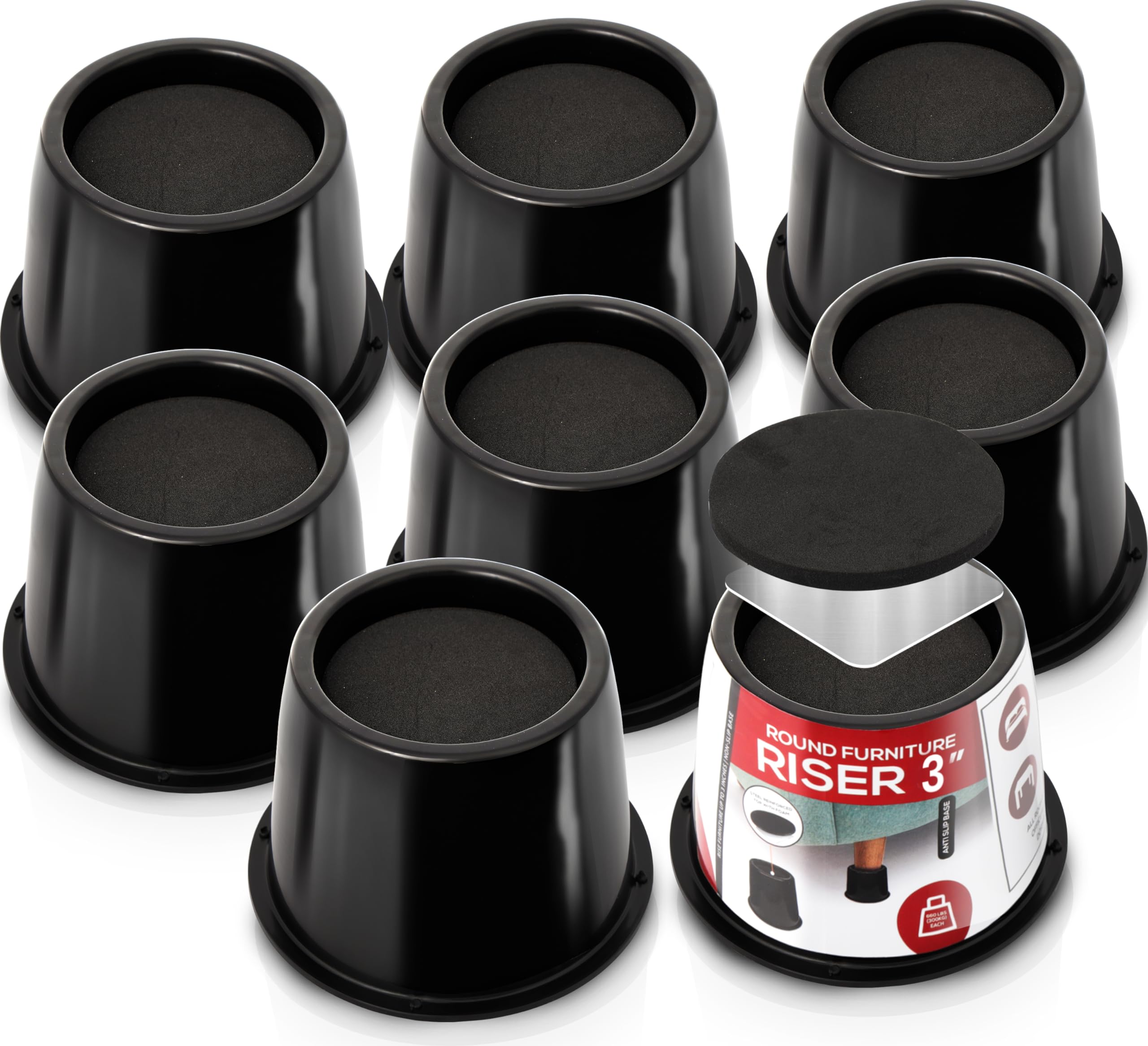 Utopia Bedding Bed Risers 3 Inch - 8 Pack - Round Furniture Risers With Top Anti-Slip Foam With Metal Plate & Bottom Rubber Pads