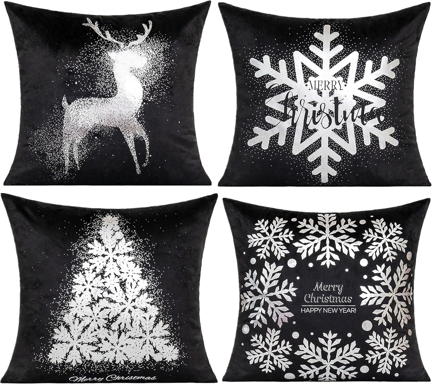 All Smiles Black Silver Christmas Throw Pillow Covers Decorations Cases 18X18 Set Of 4 Winter Snowflakes Xmas Indoor Home D  Cor