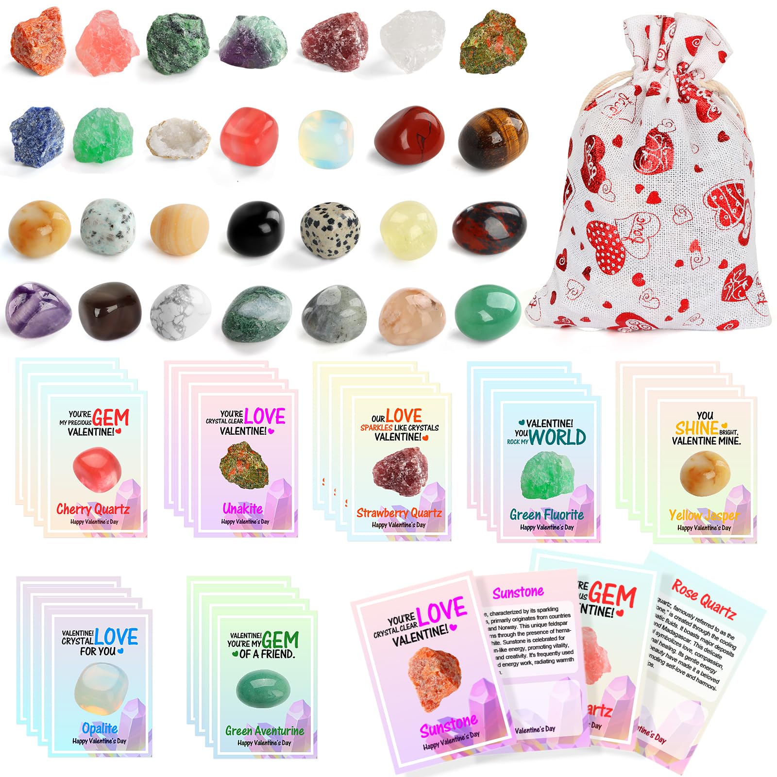 Valentines Day Gifts for Kids,28 Pack Valentines Day Cards with Natural Gemstone Crystals Rocks Minerals Bulk,Valentines Day Exc