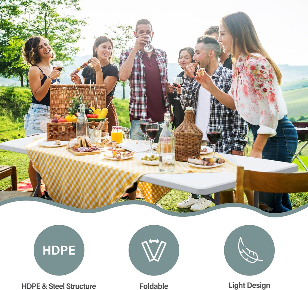 Zeny 6Ft Folding Table, Portable Picnic Table, Plastic Table For Indoor Outdoor Picnic, Party, Camping, Heavy Duty Fold-Up Table With Handle, White