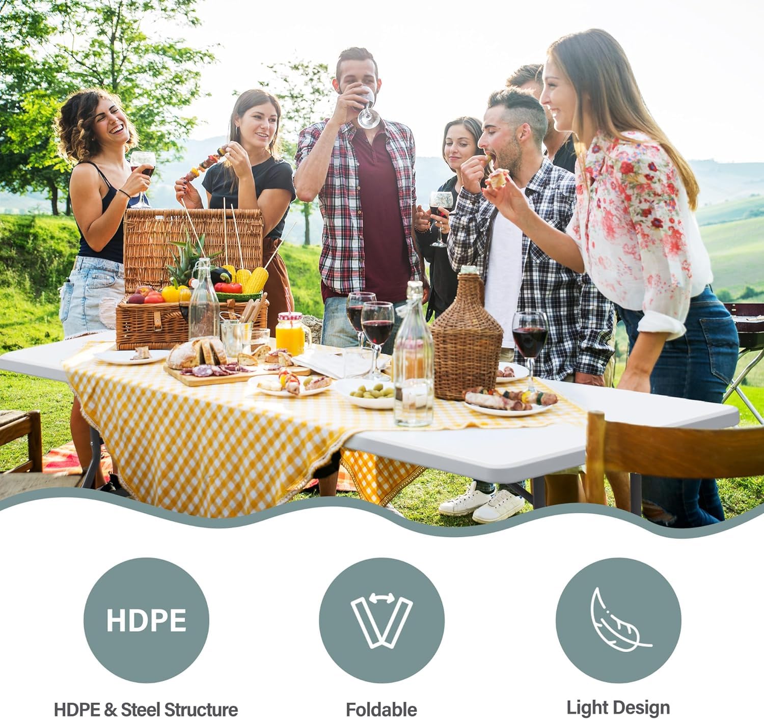 Zeny 6Ft Folding Table, Portable Picnic Table, Plastic Table For Indoor Outdoor Picnic, Party, Camping, Heavy Duty Fold-Up Table With Handle, White
