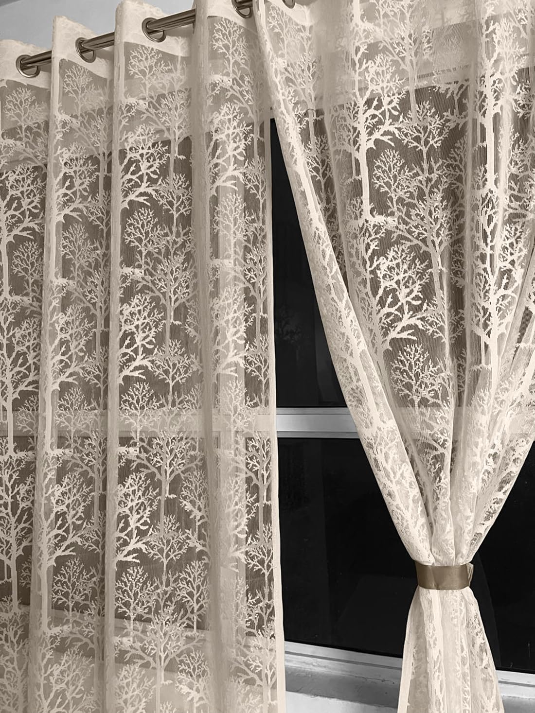 Fabrilia Sheer Net Semi Transparent Grommet Decorative Curtains for Long Door 9 Feet Set of 2, Cream