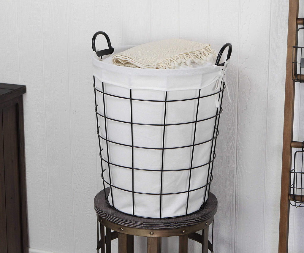 HomeRoots Large White Fabric Lined Metal Laundry Type Basket With Handle