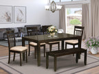 East West Furniture LYCA6-CAP-C Lynfield 6 Piece Set Contains a Rectangle Dining Room Table with Butterfly Leaf and 4 Linen Fabric Kitchen Chairs with a Bench, 36x66 Inch, Cappuccino
