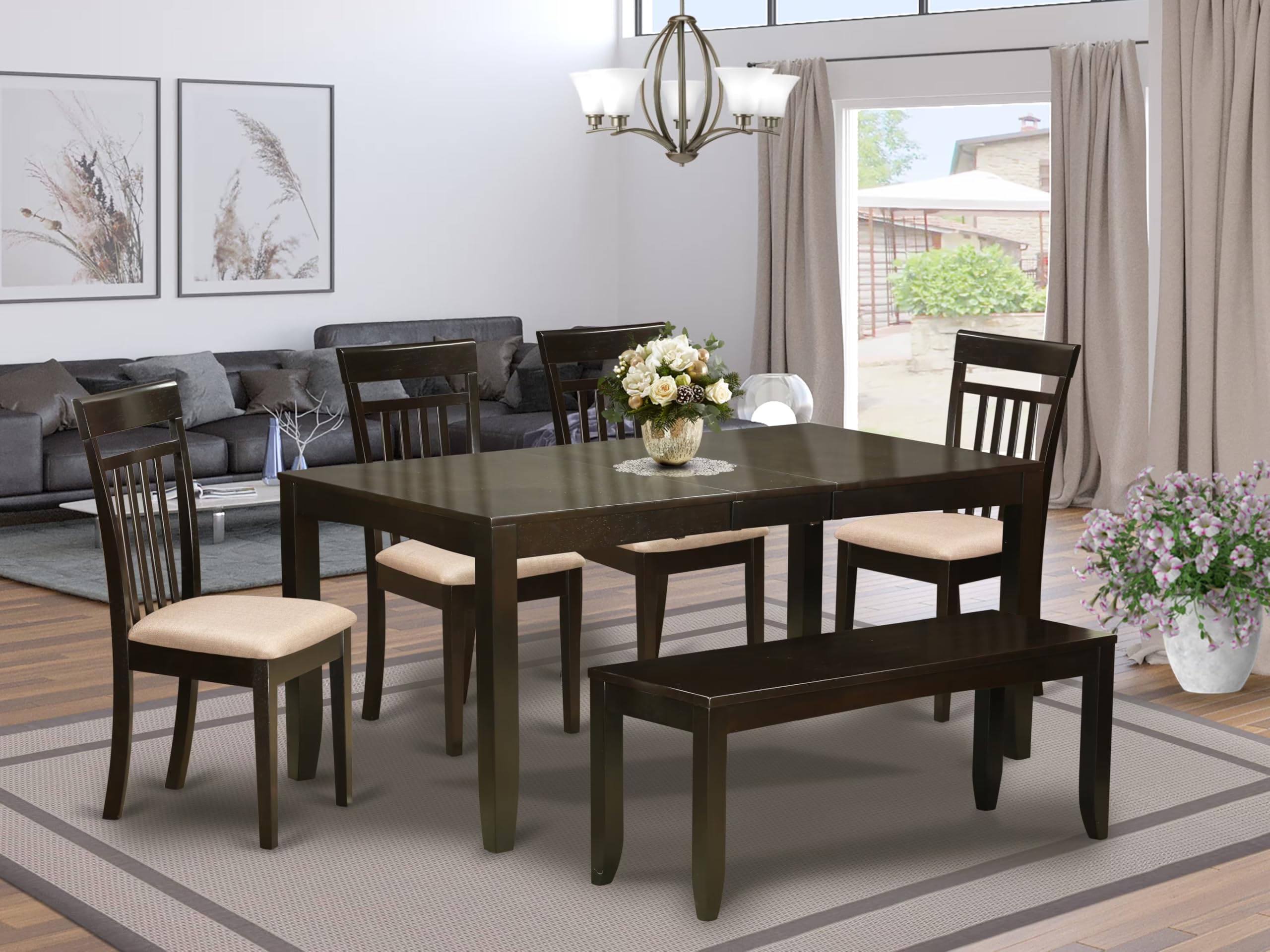 East West Furniture LYCA6-CAP-C Lynfield 6 Piece Set Contains a Rectangle Dining Room Table with Butterfly Leaf and 4 Linen Fabric Kitchen Chairs with a Bench, 36x66 Inch, Cappuccino