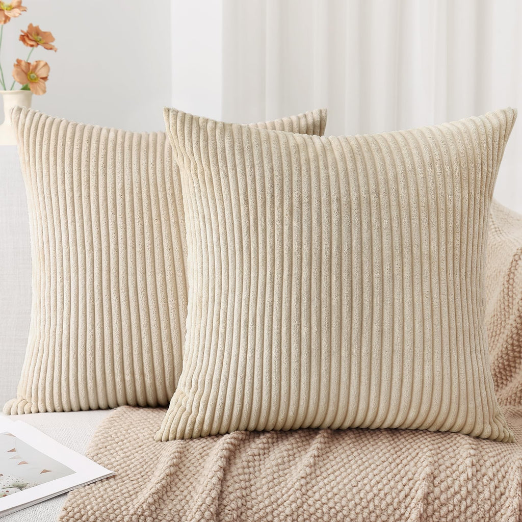 Mecatny Corduroy Throw Pillow Covers 18X18 Set Of 2 - Striped Decorative Pillow Covers For Living Room, Bed - Soft Square Couch