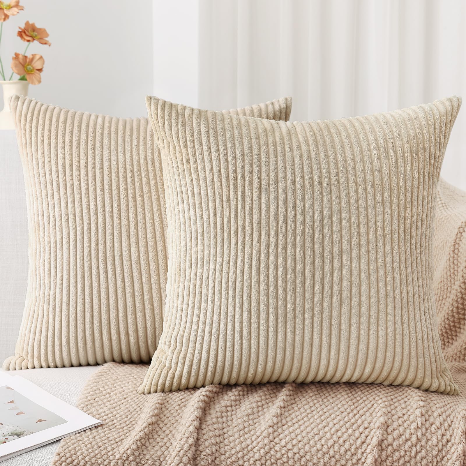 Mecatny Corduroy Throw Pillow Covers 18X18 Set Of 2 - Striped Decorative Pillow Covers For Living Room, Bed - Soft Square Couch