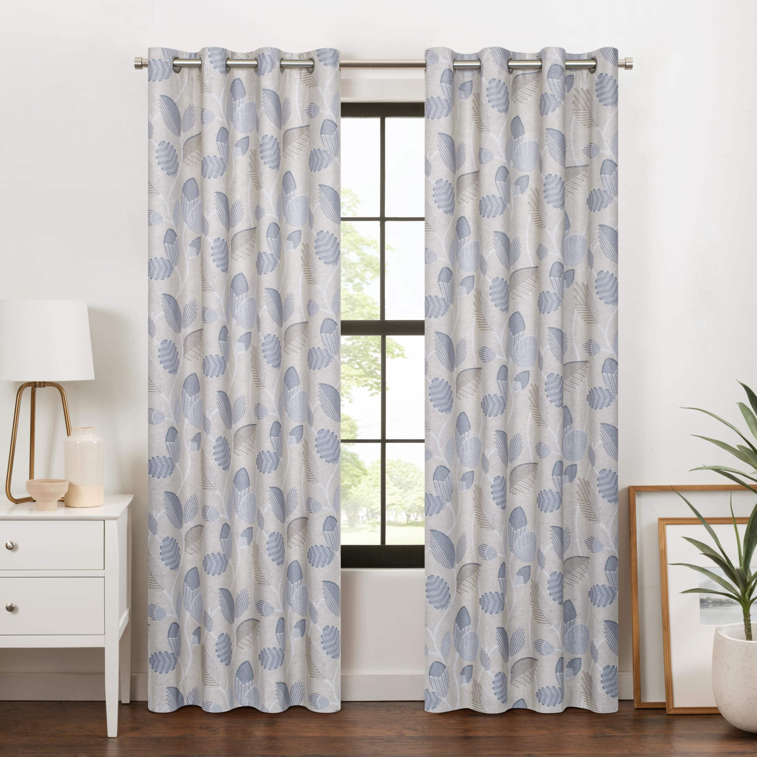 Eclipse Blackout Curtain, Larissa Leaf Grommet Curtain, 95 in Long x 50 in Wide, Patterned 100% Blackout Curtain, Thermal Insula
