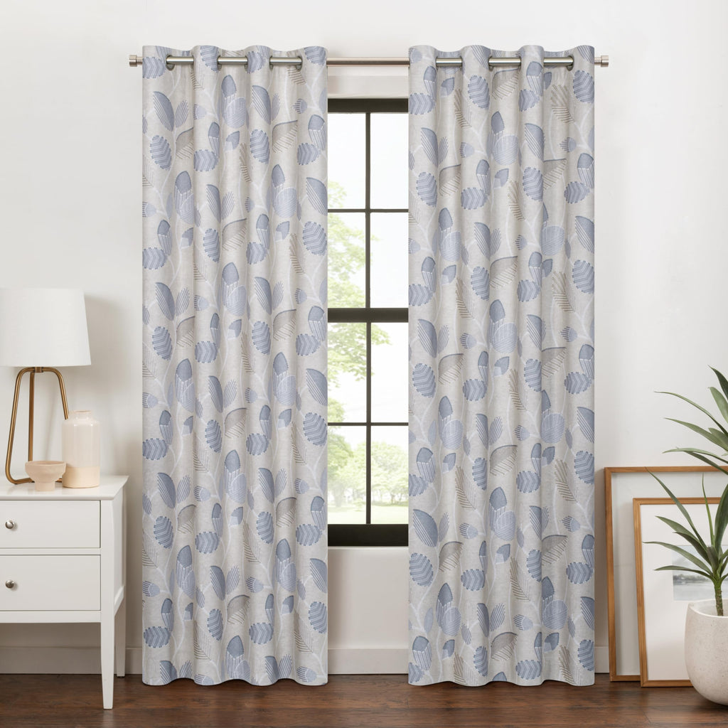 Eclipse Blackout Curtain, Larissa Leaf Grommet Curtain, 95 in Long x 50 in Wide, Patterned 100% Blackout Curtain, Thermal Insula