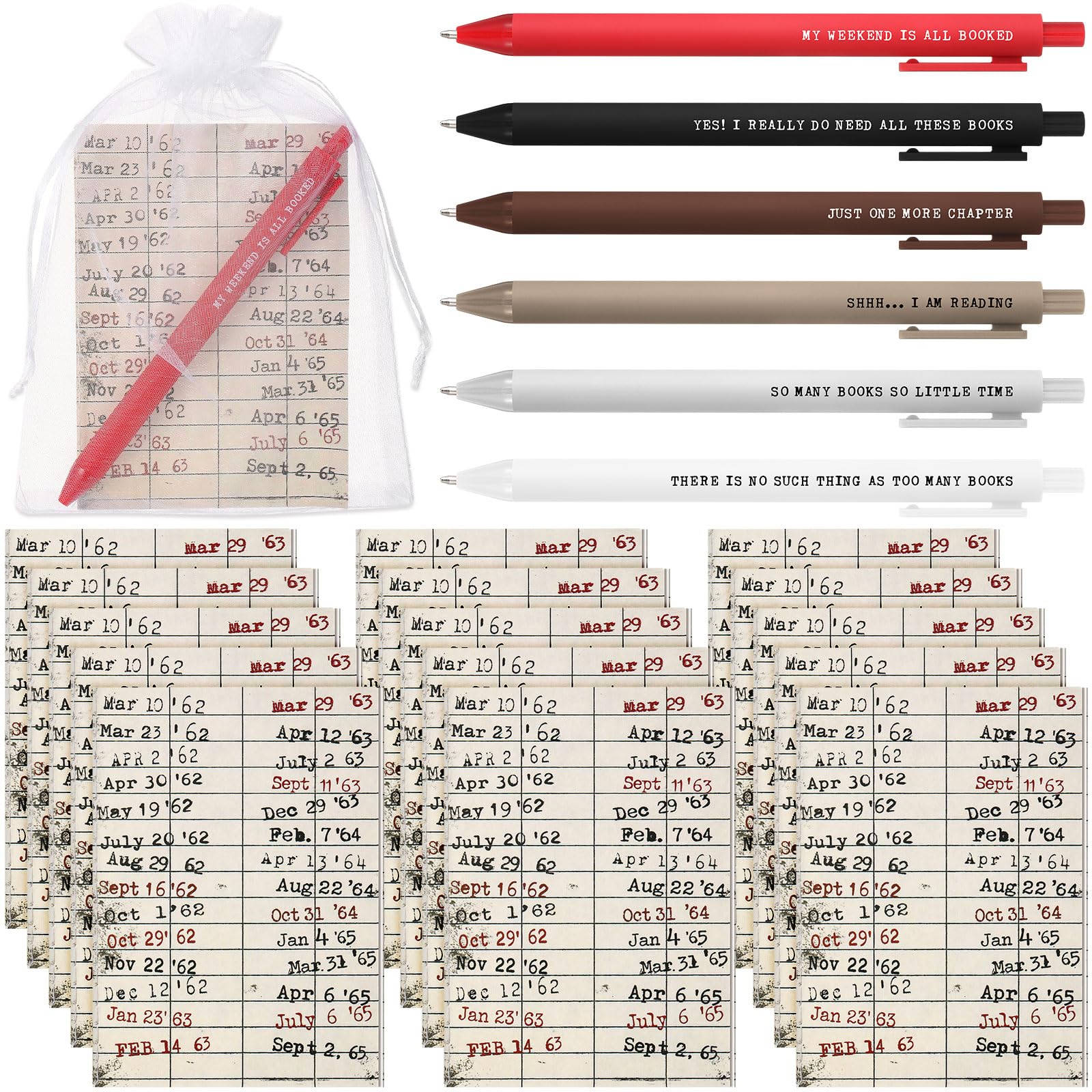 Sayglossy 20 Sets Book Lovers Gift Book Club Ballpoint Pens with Notebooks 6 Styles Library Reading Notebook with Organza Bag Re