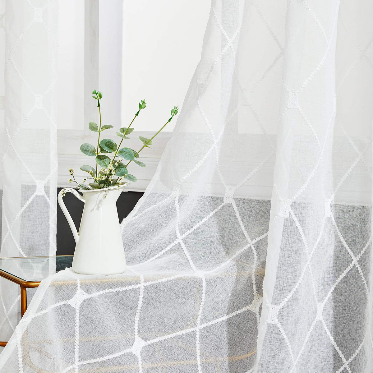 Top Finel White Sheer Curtains 72 Inches Long Embroidered Diamond Grommet Window Curtains For Living Room Bedroom, 2 Panels