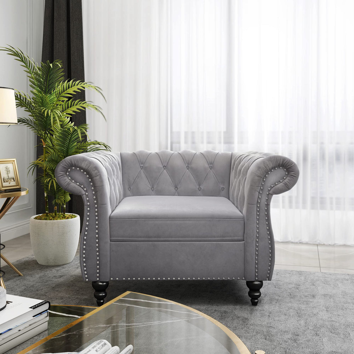 Chesterfield Chair, Modern Velvet Tufted Accent Sofa Couch Chair With Scroll Arms And Nailhead For Living Room, Bedroom, Office,