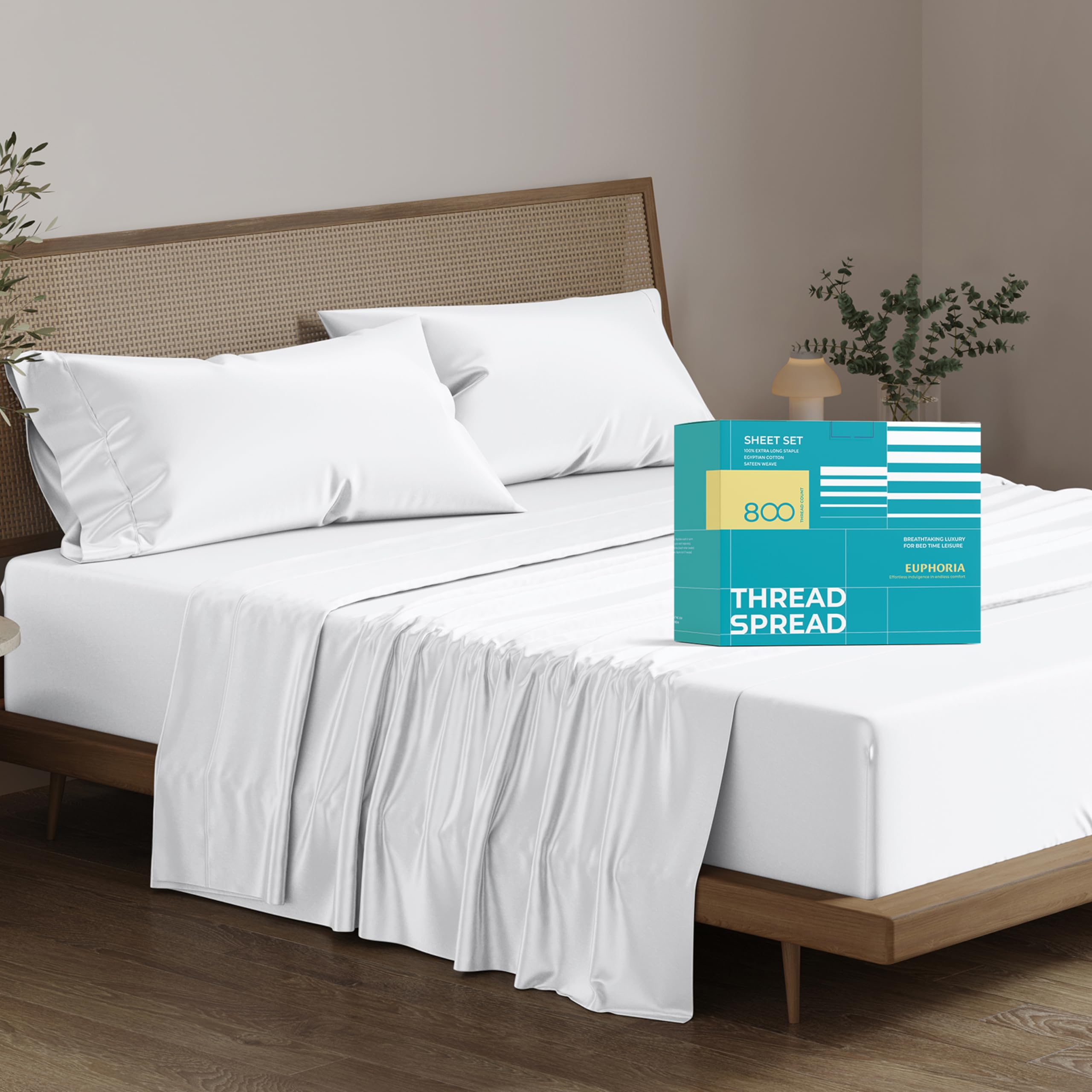Thread Spread 100% Egyptian Cotton Sheets Queen Size - 800 High Thread Count Sheets Queen, 4 Pc White Luxury Hotel Sheets For Qu