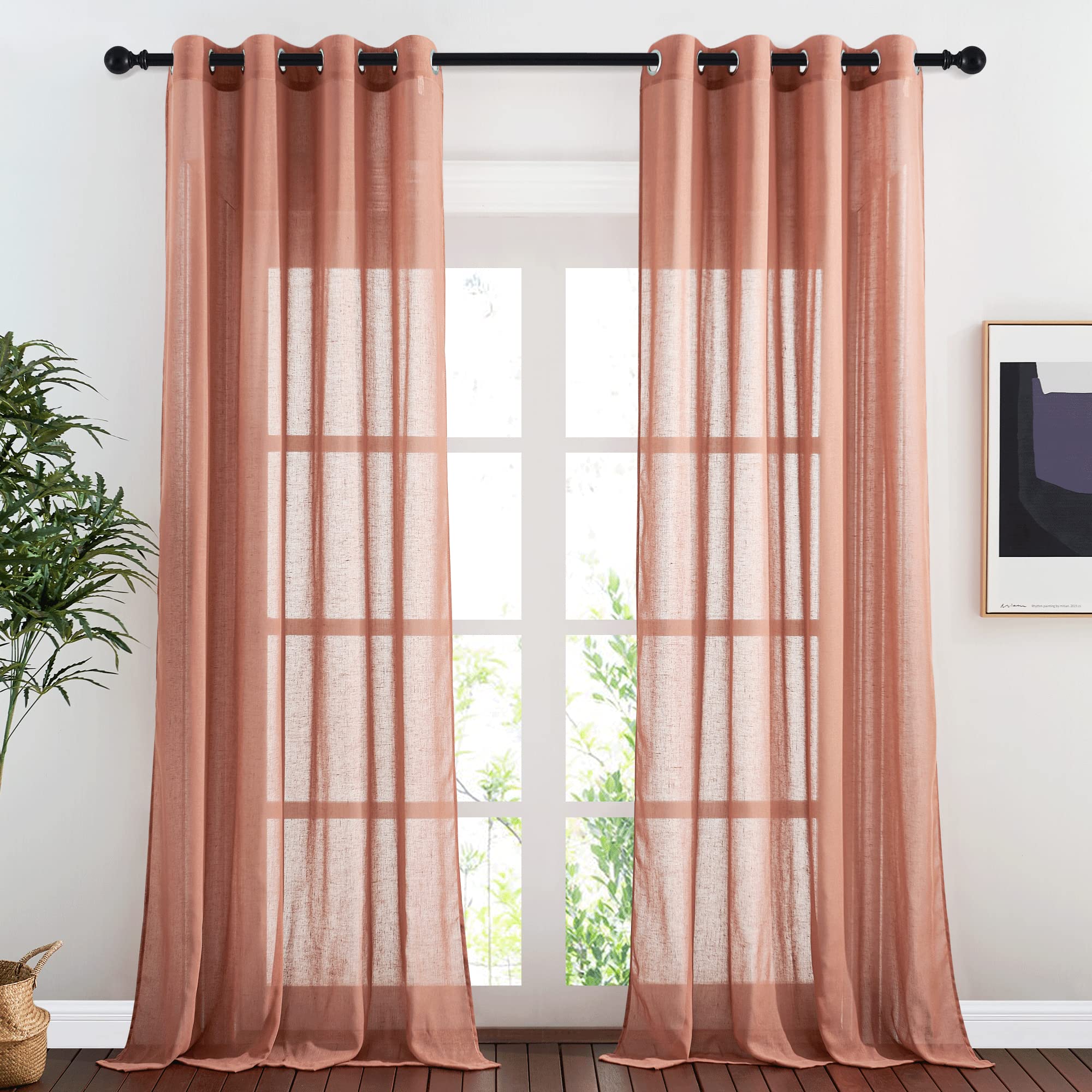 Nicetown Linen Sheer Burnt Orange Curtains, Grommet Decorative Rustic Farmhouse Linen Blend Curtains & Drapes Privacy With Light