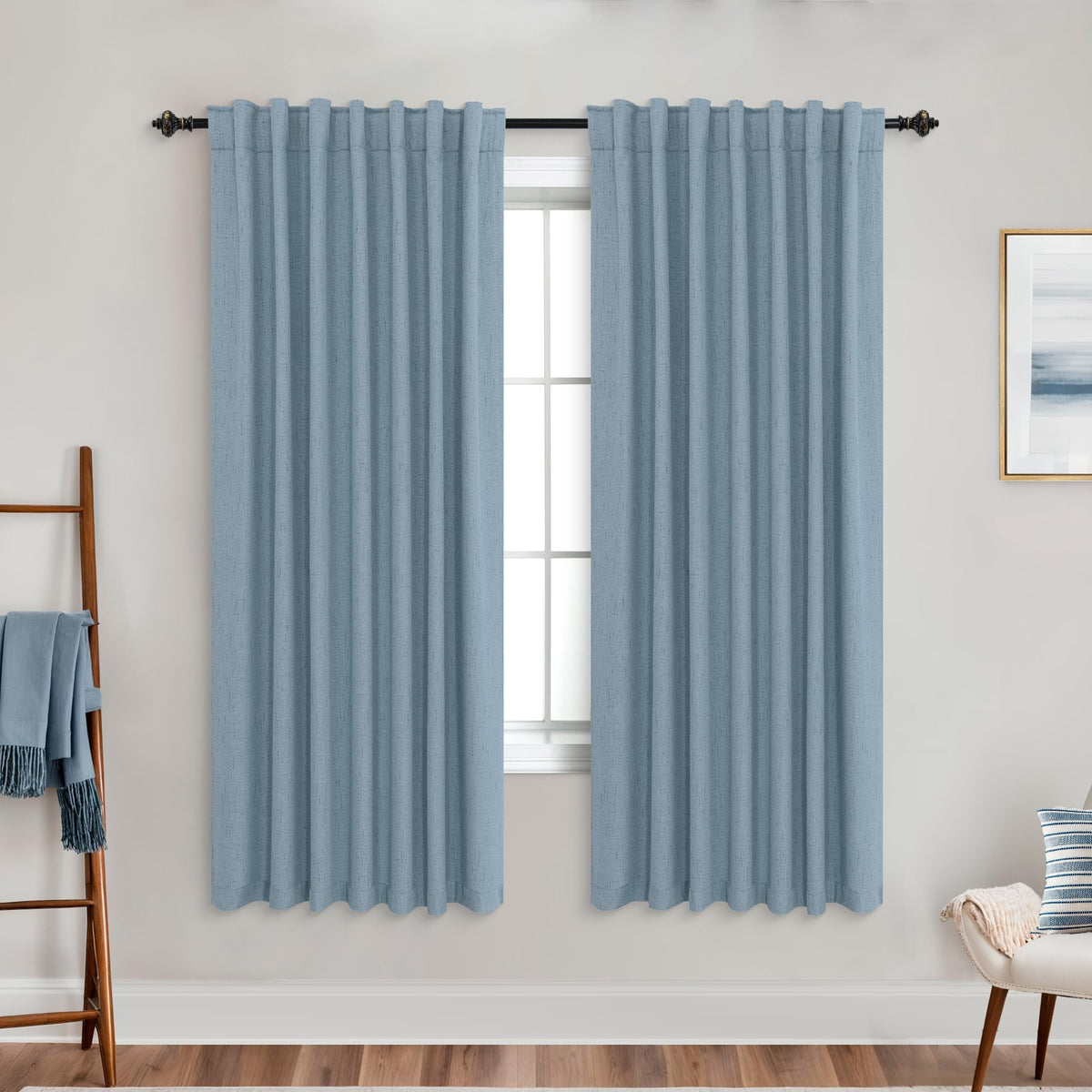 Koufall Stone Blue Back Tab Linen Blackout Curtains For Living Room 52X63 Inches Long