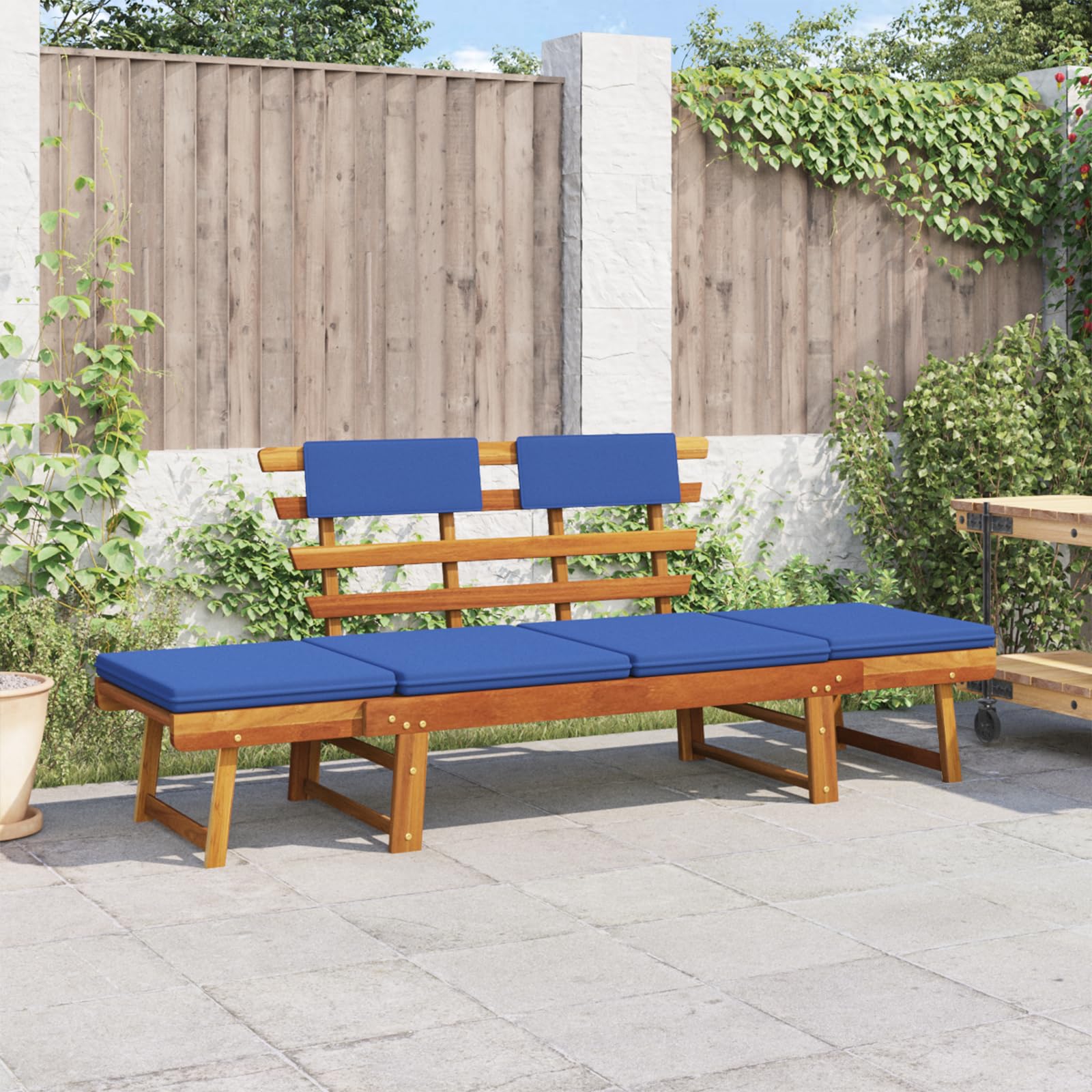 vidaXL Convertible Patio Bench and Day Bed with Blue Cushions - Solid Acacia Wood - Outdoor 2-in-1 Furniture - Garden Deck, Lawn, Backyard Seating, and Lying Comfort
