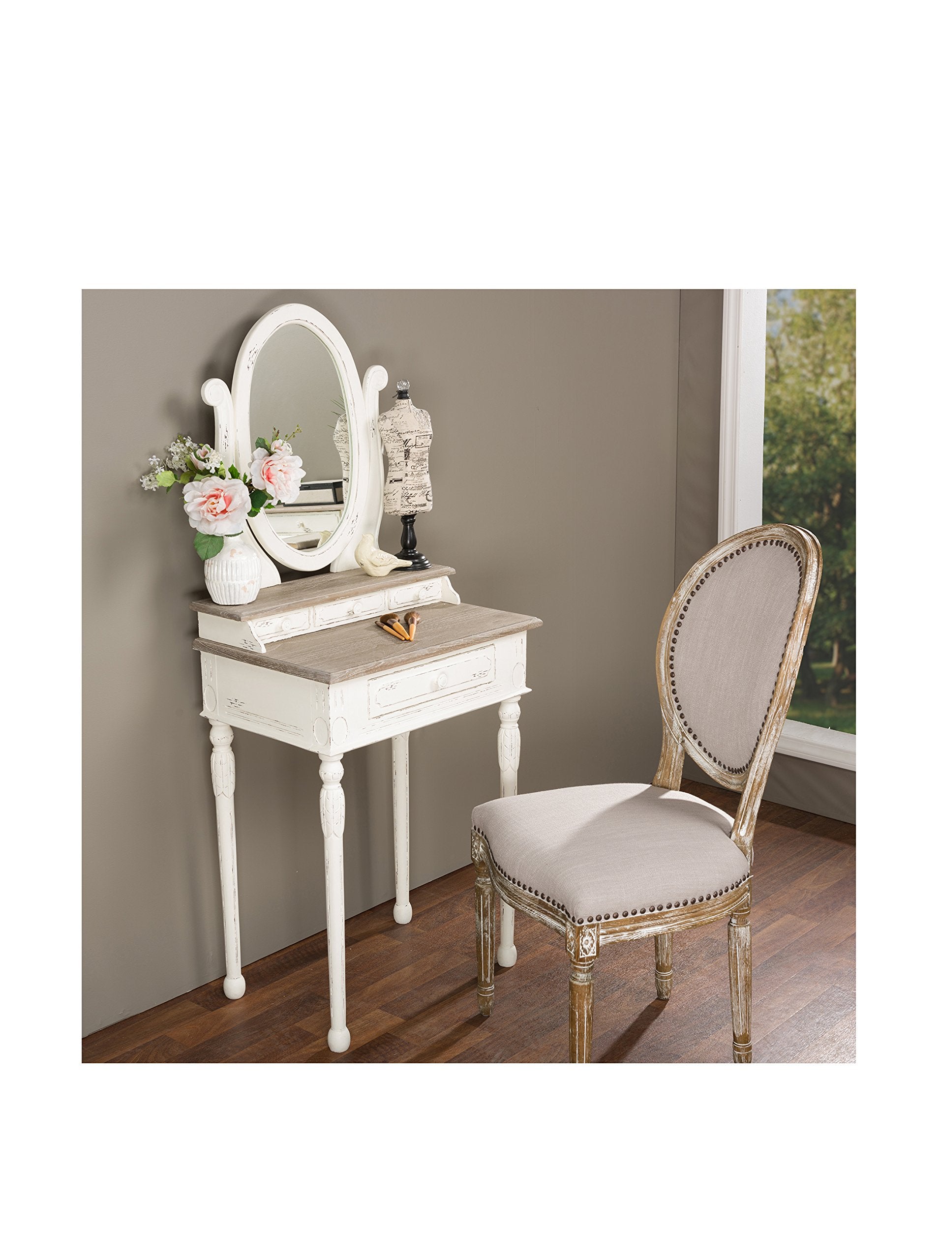 Baxton Studio Anjou Traditional French Accent Dressing Table with Mirror, White