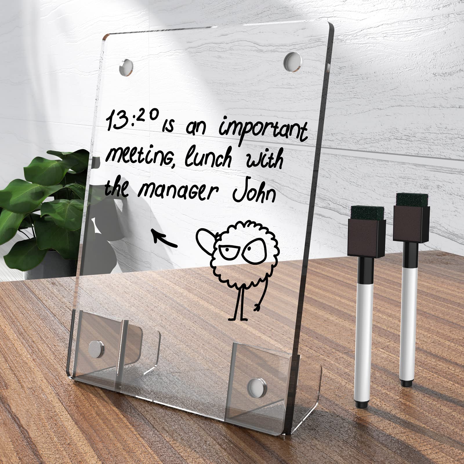 Nioffice Clear Acrylic White Board 8X6 Inches, Frameless Desktop Dry Erase Board With Flexible Magnetic Stand And Markers, Mini