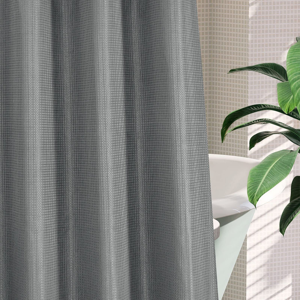 Mitovilla Grey Waffle Small Stall Shower Curtain 36 X 74, No Hooks Required Half Size Narrow Fabric Shower Curtain Set With Snap