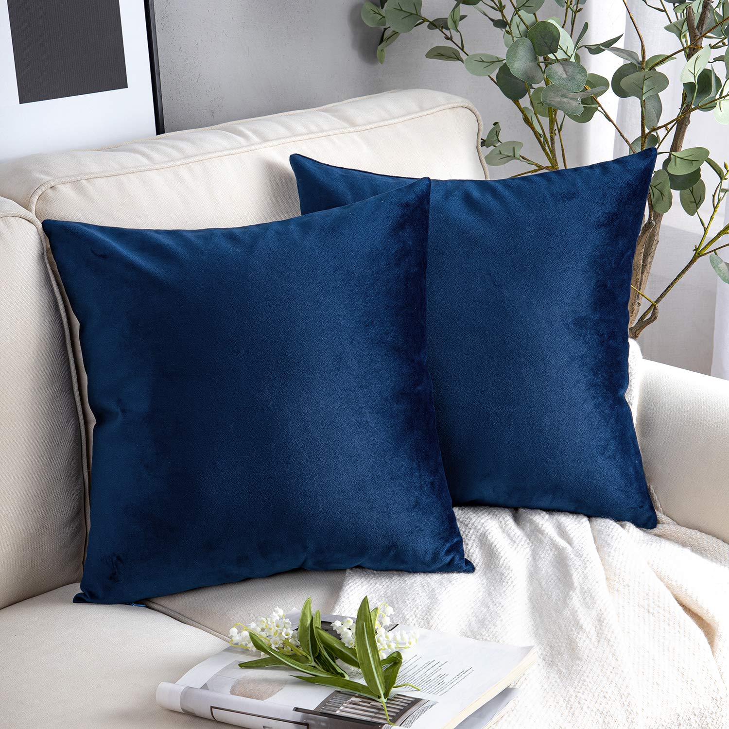 Phantoscope Pack Of 2 Velvet Decorative Throw Decorative Pillow Cover Soft Solid Square Cushion Case For Couch Navy Blue 24 X 24
