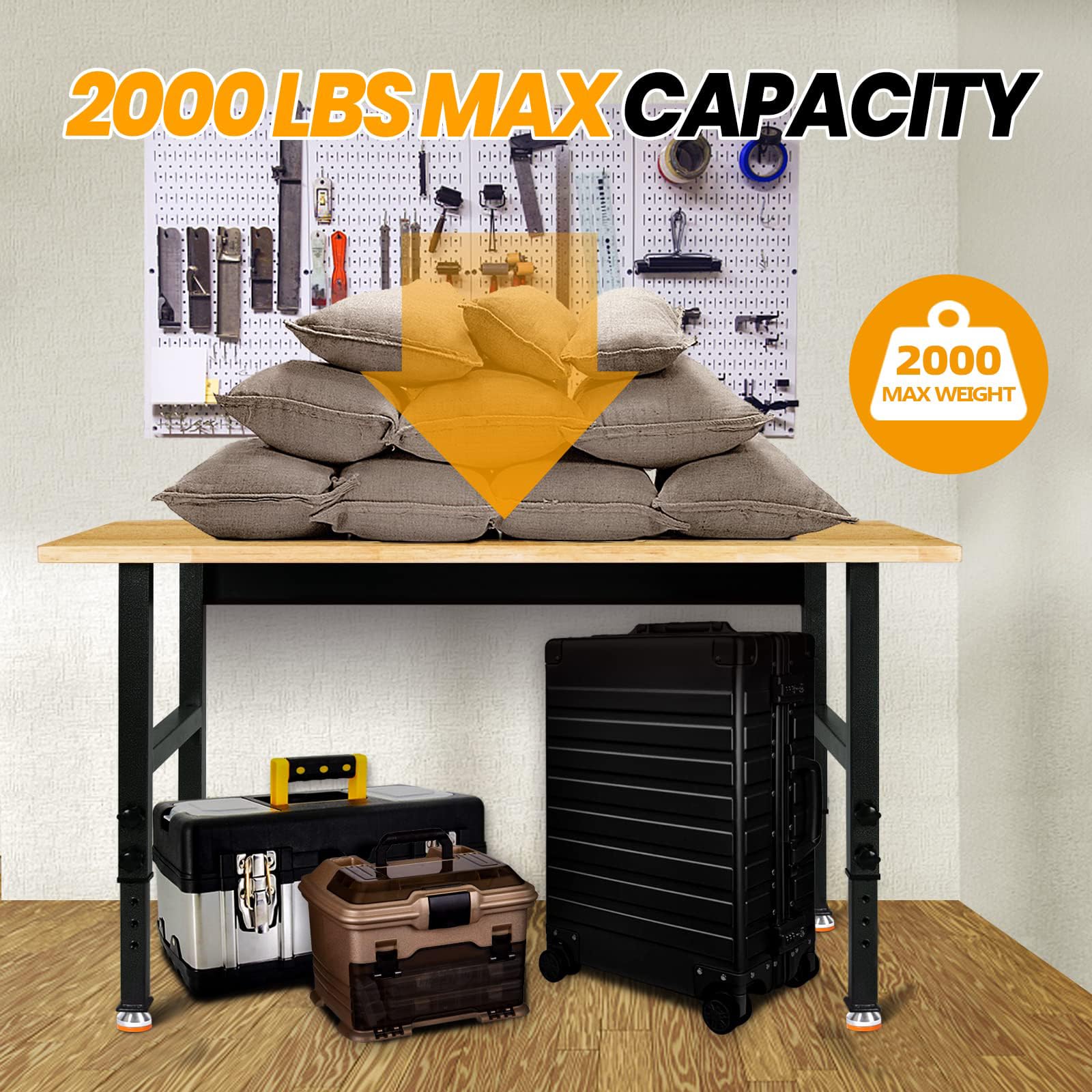 48' Adjustable Work Bench, Rubber Wood Top Workbench Heavy-Duty Work Table, 2000 Lbs Load Capacity Hardwood Work Benches For Garage, Workshop, Home, Office, Easy Assembly