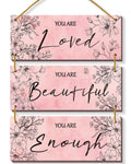 ONIZHITY 3 Pcs Pink Floral Wooden Wall Decor Positive Quotes You Are Beautiful Wall Art Inspirational Pink Wall Decors Girls Bed