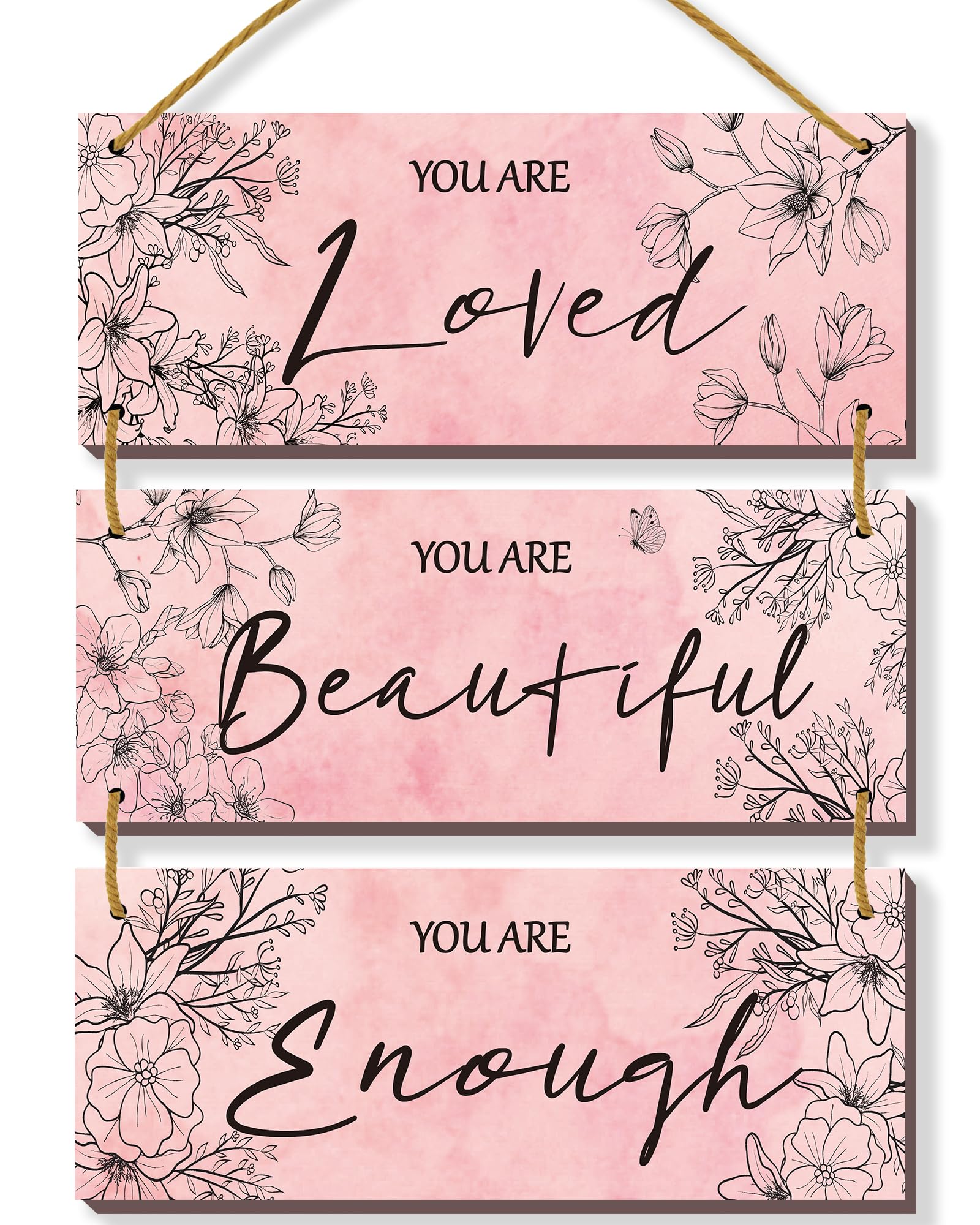 ONIZHITY 3 Pcs Pink Floral Wooden Wall Decor Positive Quotes You Are Beautiful Wall Art Inspirational Pink Wall Decors Girls Bed