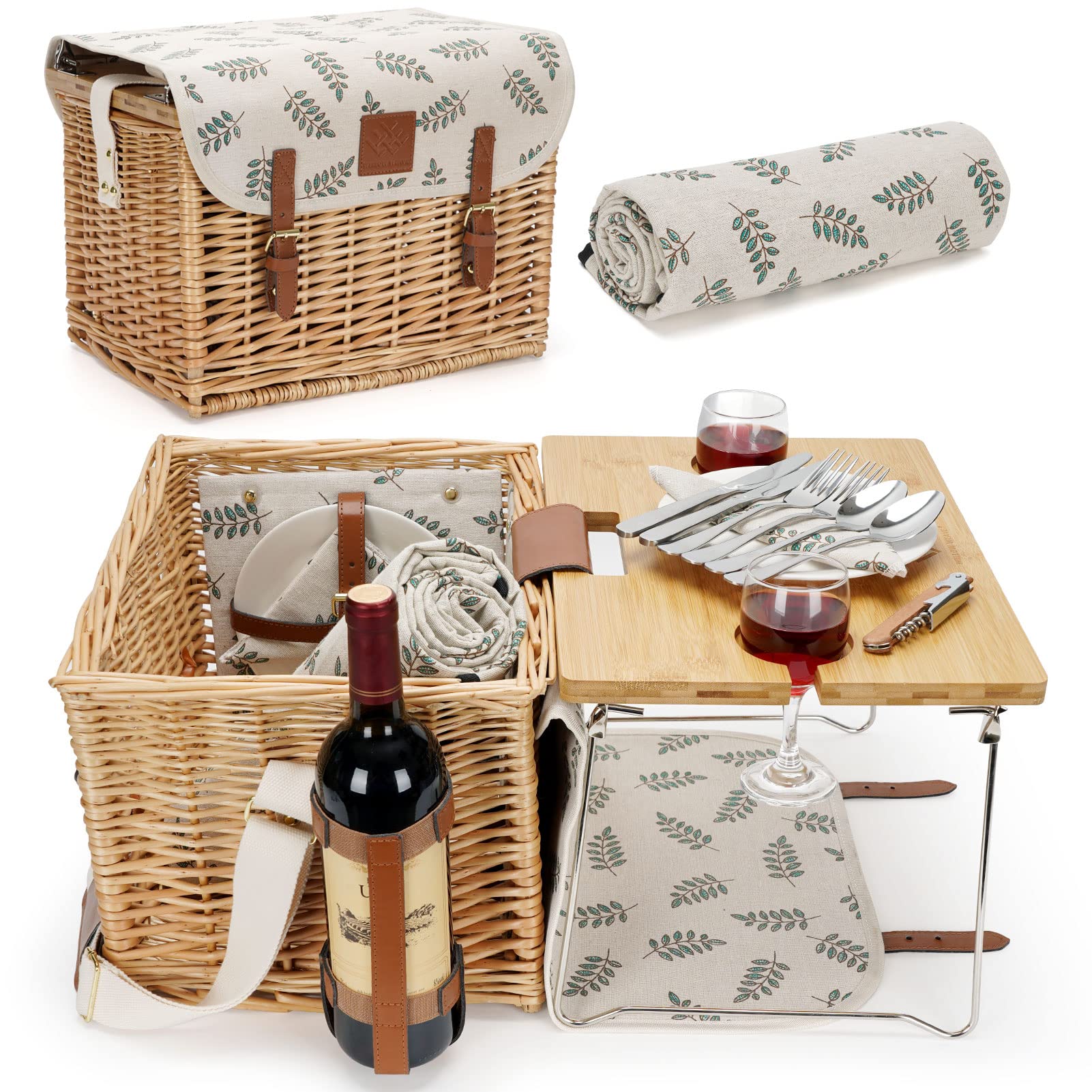 Willow Weave Picnic Basket With Table, Picnic Basket Set For 2, Willow Hamper With Wine Holder, Wicker Picnic Set With Blanket &