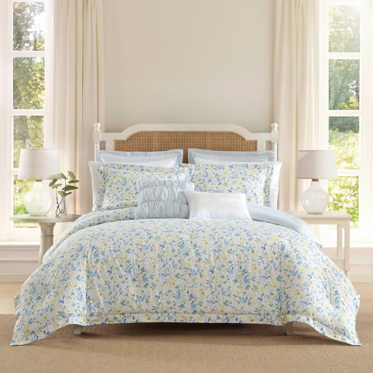 Laura Ashley Comforter, Soft Reversible Bedding Set, Includes Matching Bonus Euro Shams & Throw Pillows, Twin, Nora Blue/Yellow/