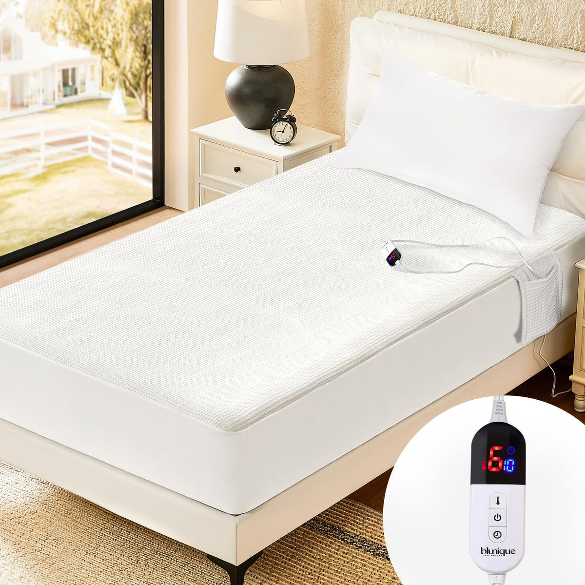 Blunique Electric Heated Mattress Pad Full Size Single Control Bed Warmer, Deep Pocket, Side Storage Pouch For Controller, Machi