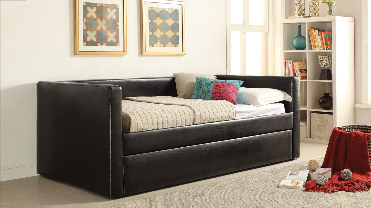 HomeRoots PU, Wood Frame 88' Black Pu Daybed and Trundle