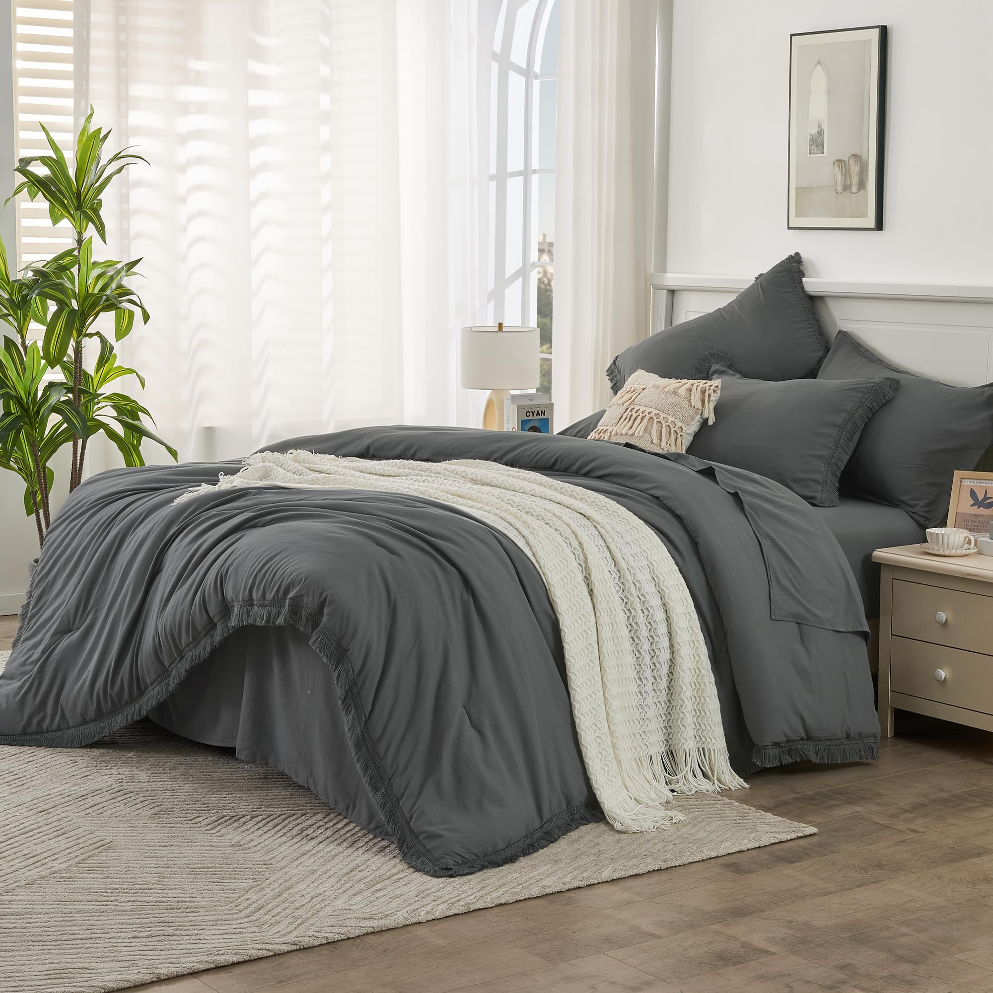 Andency Dark Grey Full Size Comforter Set With Sheets - 7 Pieces Boho Tassel Bed In A Bag Soft Lightweight Bedding Sets, Dark Grey Fringe Bed Set With Comforter, Sheets, Pillowcases & Shams