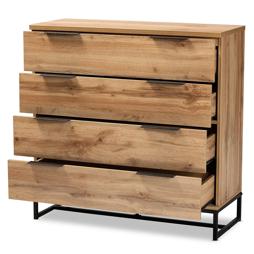 Baxton Studio Reid Modern and Contemporary Industrial Oak Finished Wood and Black Metal 4-Drawer Dresser