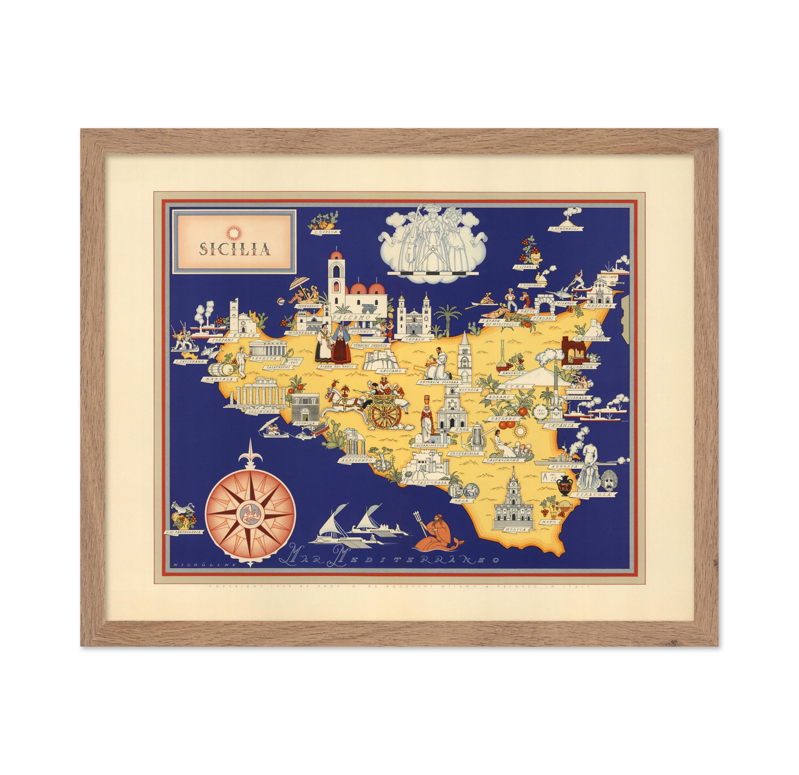 Poster Master Vintage Illustration Poster - Geography Print - Gift for Traveler, Friend - Pictorial of Sicilia, Sicily, Italy, H