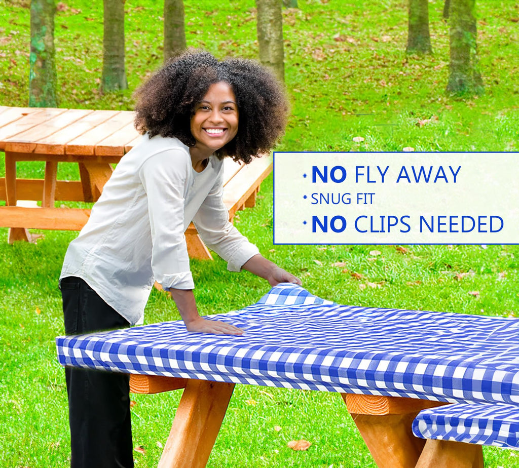 Inpro 8Ft Fitted Picnic Table Cover With Bench Covers. Outdoor Picnic Tablecloth Waterproof, Reusable Camping, Rv Accessories And Travel Essentials. Black Checkered Vinyl Tablecloth With Elastic Edges