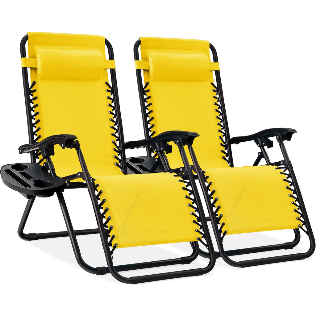 Best Choice Products Set Of 2 Adjustable Steel Mesh Zero Gravity Lounge Chair Recliners W/Pillows And Cup Holder Trays - Sunflower Yellow