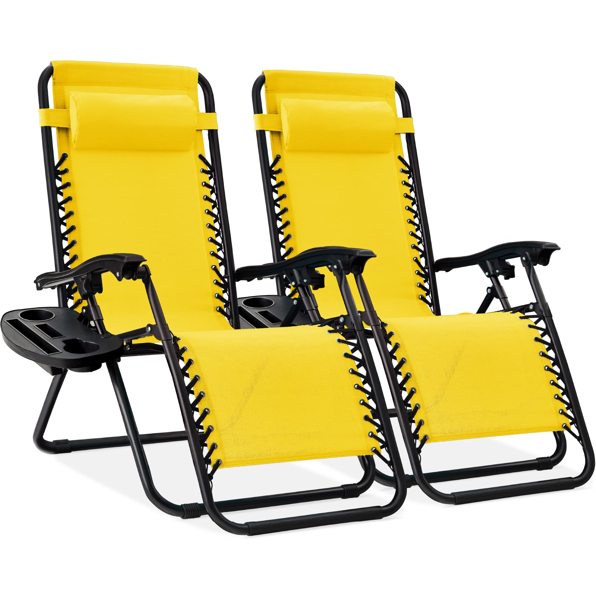Best Choice Products Set Of 2 Adjustable Steel Mesh Zero Gravity Lounge Chair Recliners W/Pillows And Cup Holder Trays - Sunflower Yellow