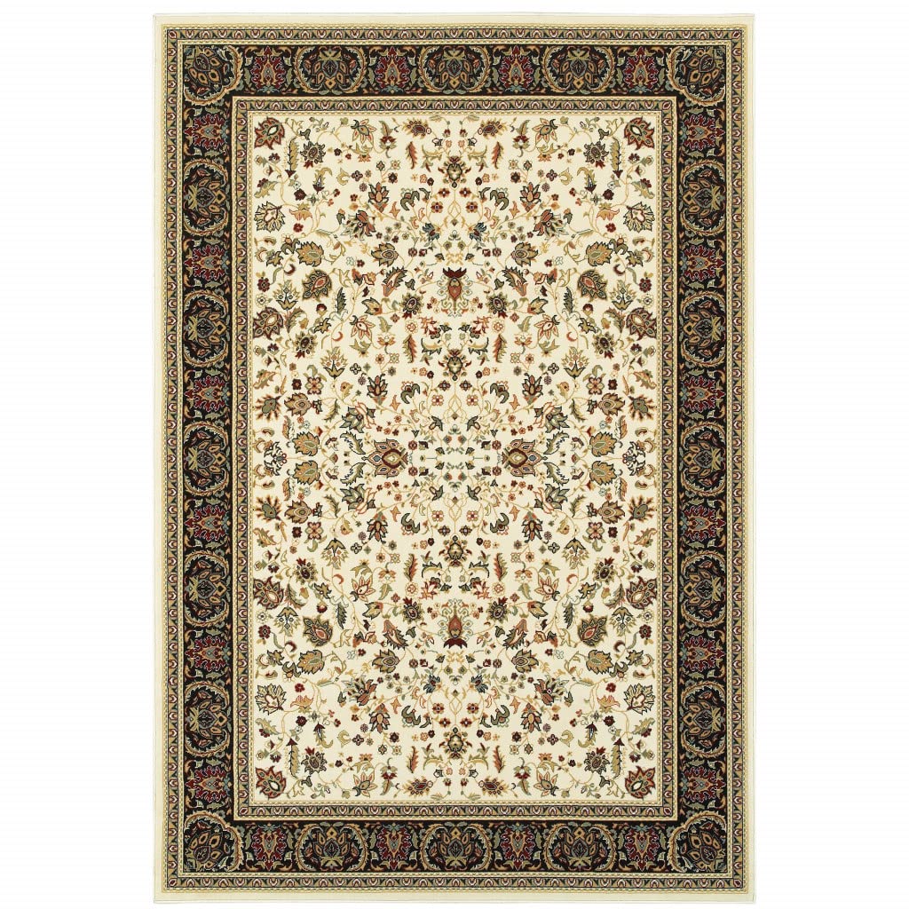 HomeRoots 509111 8 x 11 ft. Ivory & Black Oriental Power Loom Stain Resistant Rectangle Area Rug