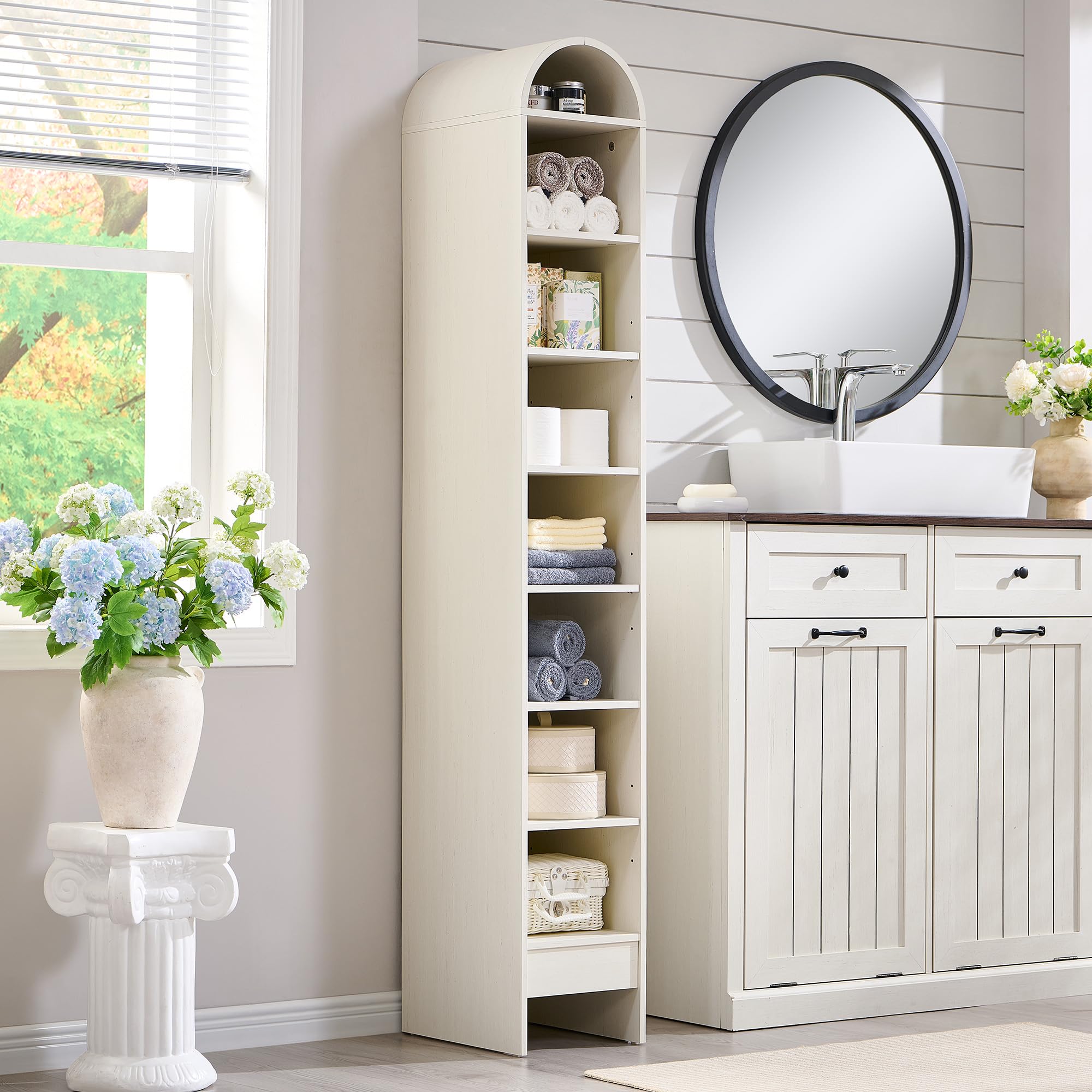IFBUY 67  Tall Arched Bathroom Storage Cabinet, 8-Tier Modern Farmhouse Storage Cabinet with Adjustable Shelves, Wood Freestandi