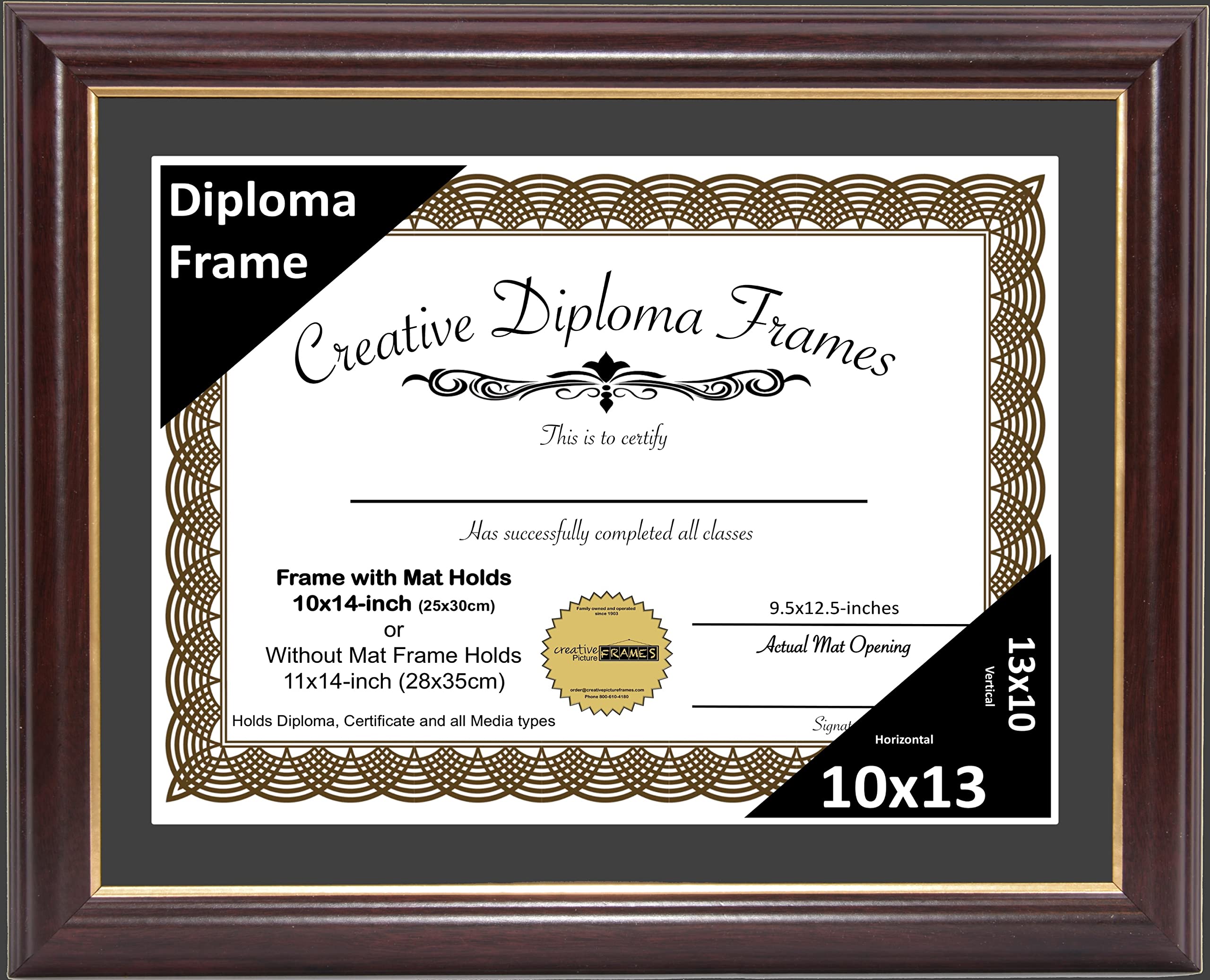 Creative Picture Frames 10x13 Mahogany Gold Rim Diploma Frame with Black Mat Glass Easel and Installed Wall Hangers | Frame Hold
