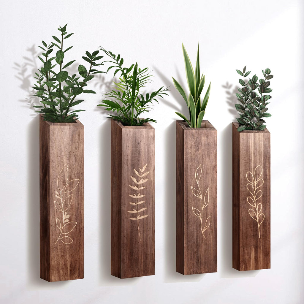 4 Pack Wood Indoor Wall Planter, Modern Wall Decor for Living Room Bedroom, Farmhouse Pocket Wall Vases for Dried Flowers and Fa