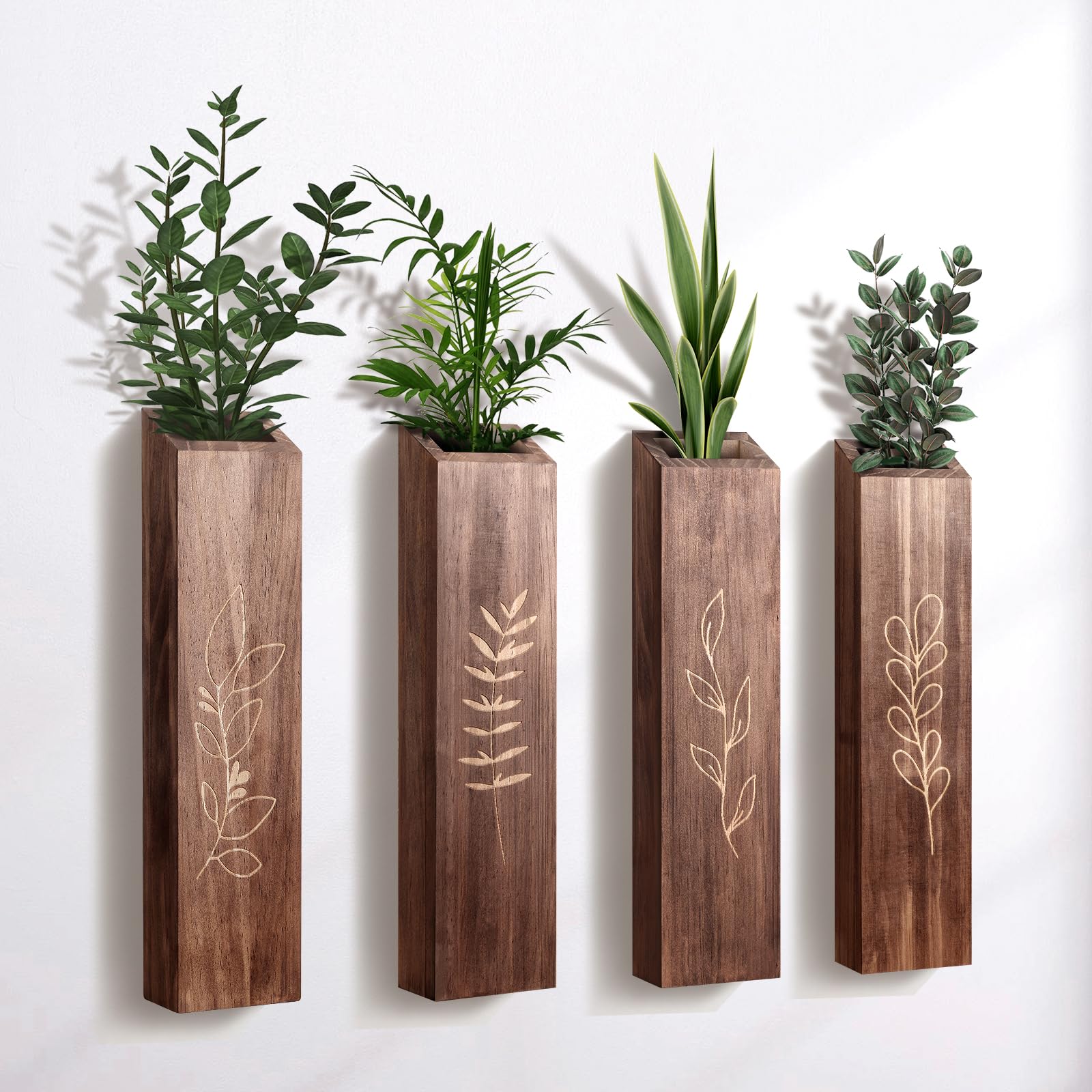 4 Pack Wood Indoor Wall Planter, Modern Wall Decor for Living Room Bedroom, Farmhouse Pocket Wall Vases for Dried Flowers and Fa