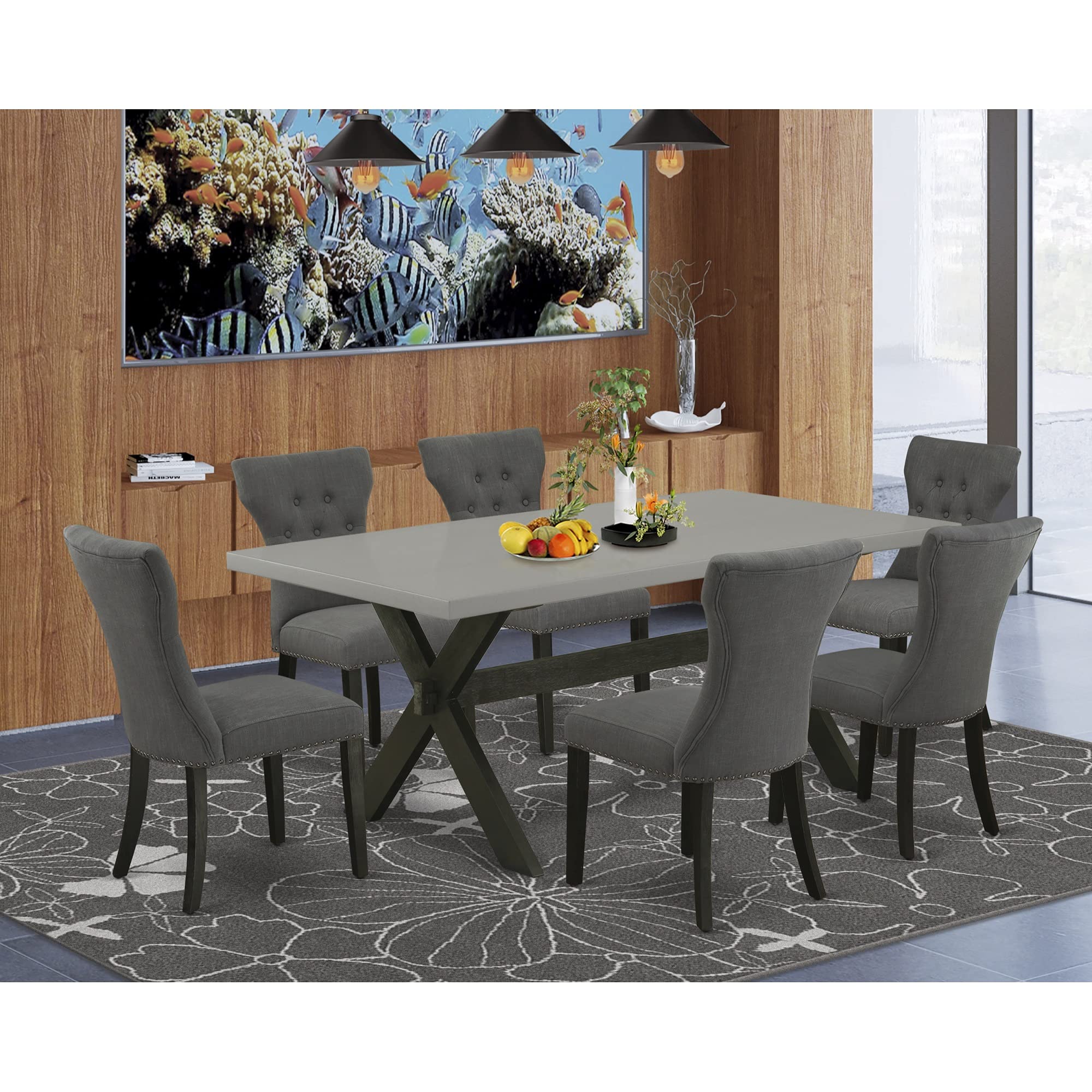 East West Furniture X697Ga650-7 7 Piece Dining Room Furniture Set Consist Of A Rectangle Dining Table With X-Legs And 6 Dark Gotham Linen Fabric Parson Chairs, 40X72 Inch, Multi-Color