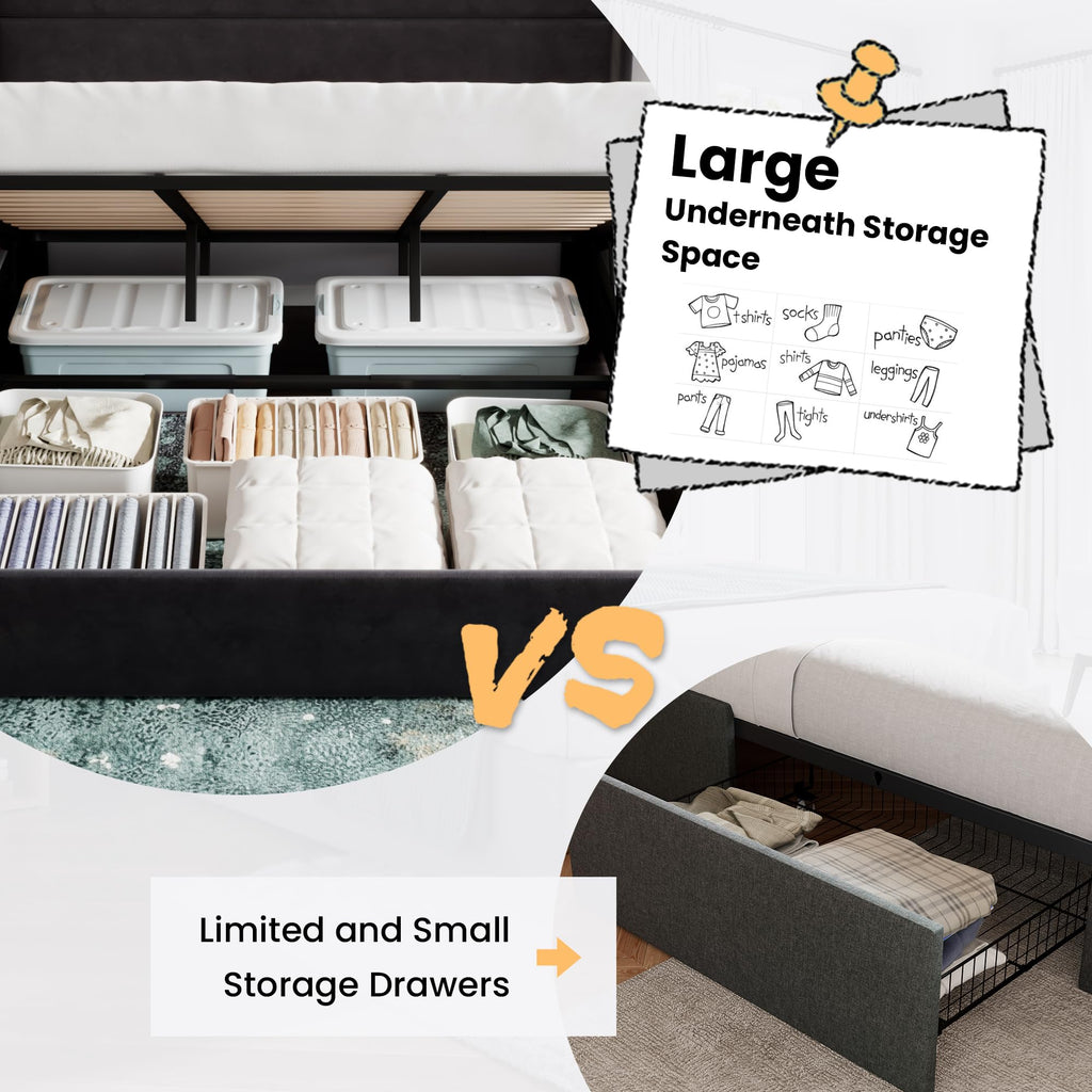 Sha Cerlin King Size Lift Up Storage Bed/Velvet Upholstered/Modern Wingback Headboard/Upholstered Platform Bed Frame/Hydraulic Storage/No Box Spring Needed/Black