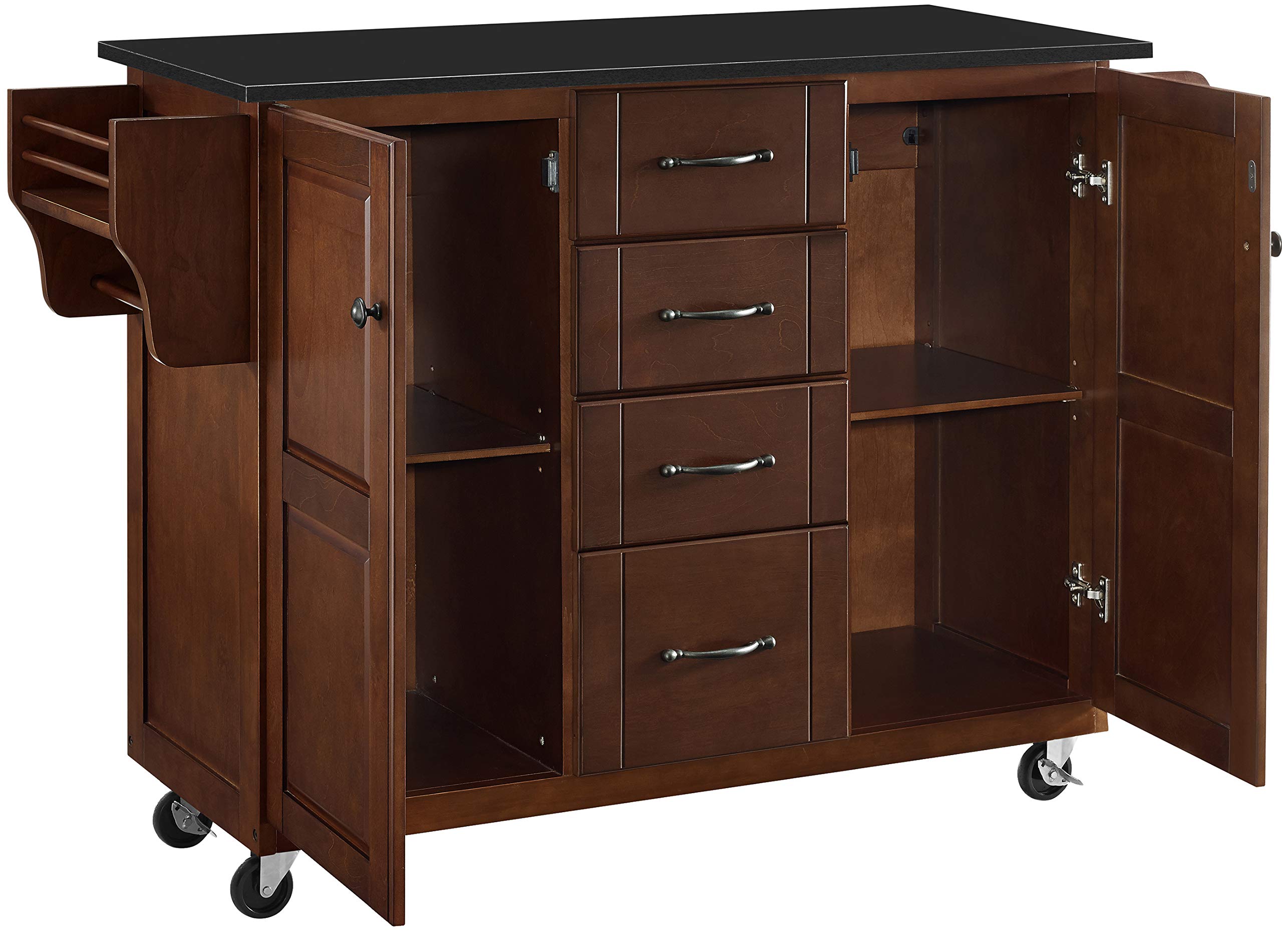 Crosley Furniture Eleanor Granite Top Rolling Cart Kitchen Island with Spice Rack, Drawers and Shelves, Mahogany