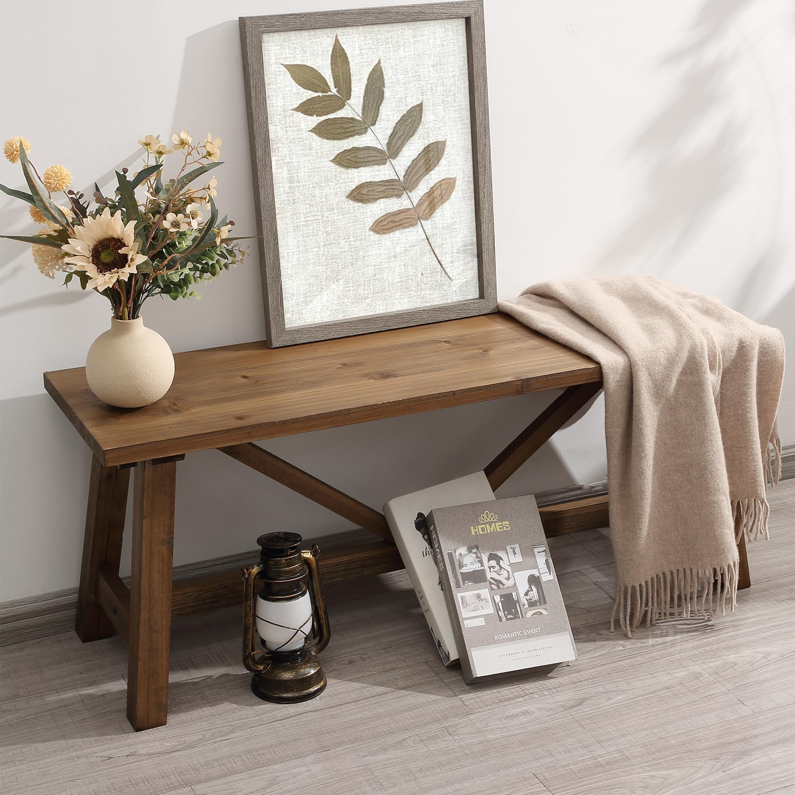 Wnutrees 43 Farmhouse Wood Bench, Narrow Bench, Long Bench Seat for Entryway, Living Room, Dining Room, Solid Wood, Natural