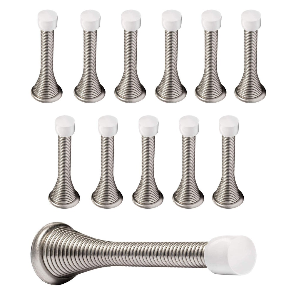 Kiseer 12 Pack Spring Door Stops 3 1/4' Flexible Heavy Duty Spring Door Stopper With Rustproof Screw Rubber Bumper Tips (Satin