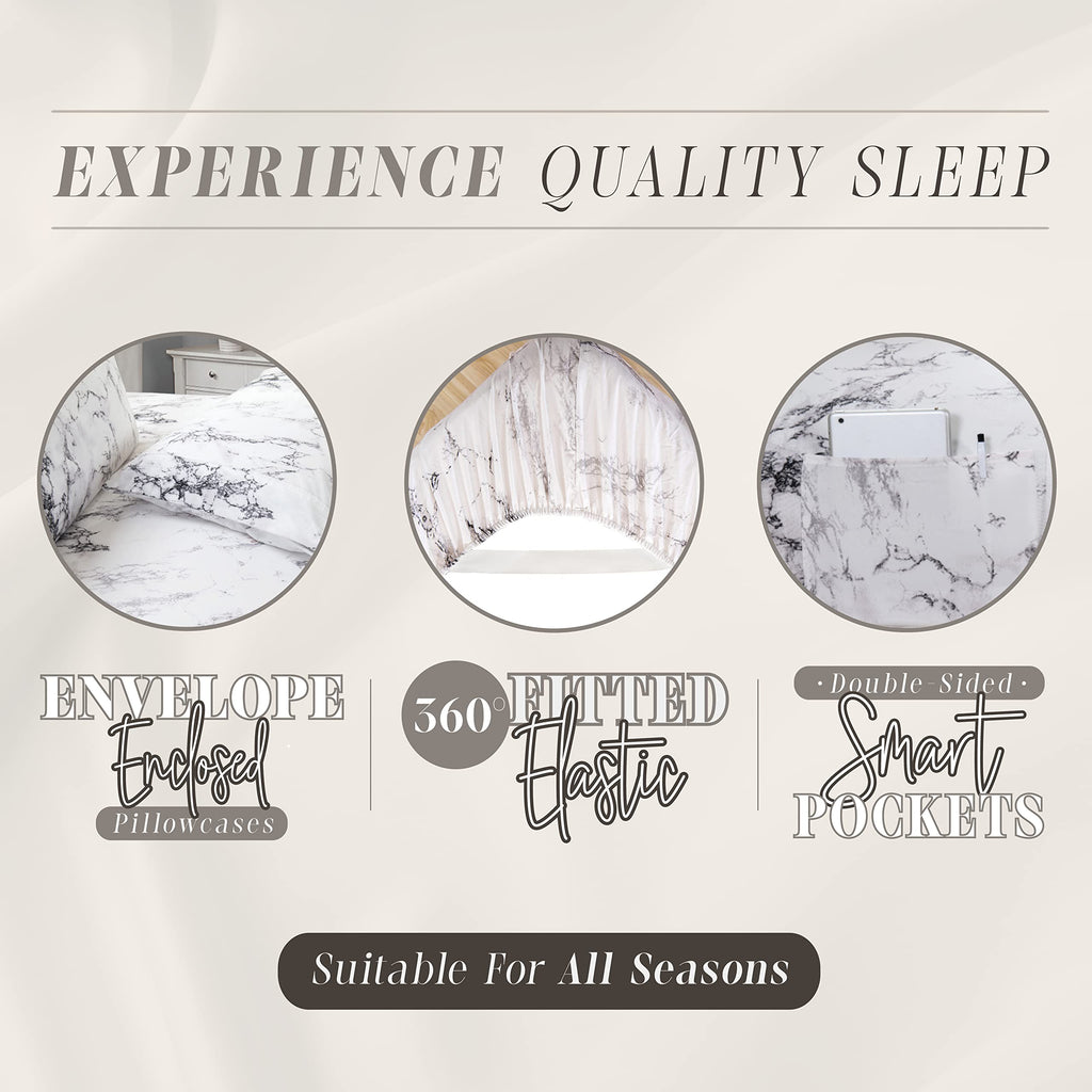 Elegant Comfort Eloise Marble Printed 6-Piece Sheet Set, 1500 Premium Hotel Quality Microfiber, Soft, Wrinkle And Fade Resistant, Fitted Sheets With Smart Pockets, Marble Sheet Set, Full, White
