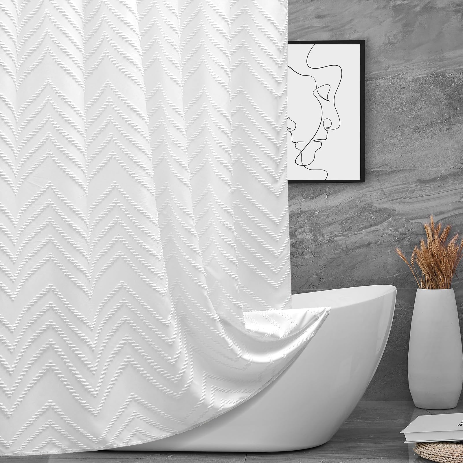 Extra Long Shower Curtains 72 x 84 Inches White Tufted Chevron Striped Fabric Shower Curtains for Bathroom Modern Shabby Chic Wa