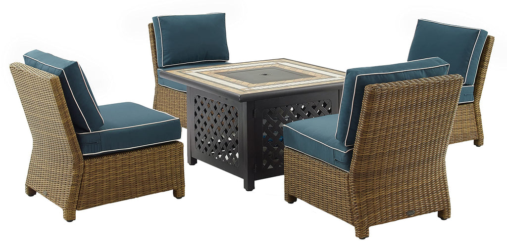 Crosley Furniture Bradenton 5-Piece Wicker Outdoor Chair Patio Furniture Set with Propane Gas Fire Pit Table, Brown with Navy Cushions